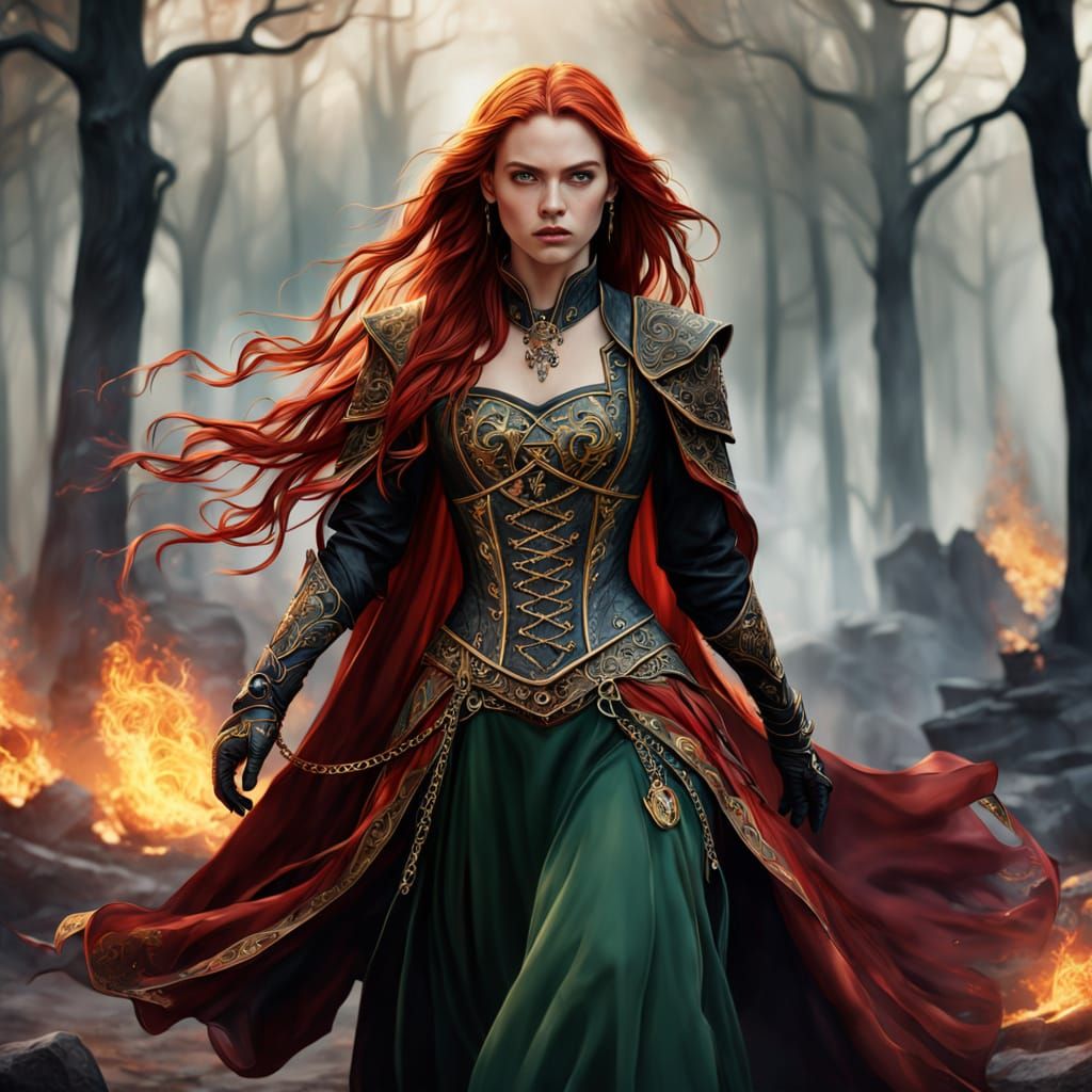 Fierce Sorceress in Burning Forest: Digital Painting