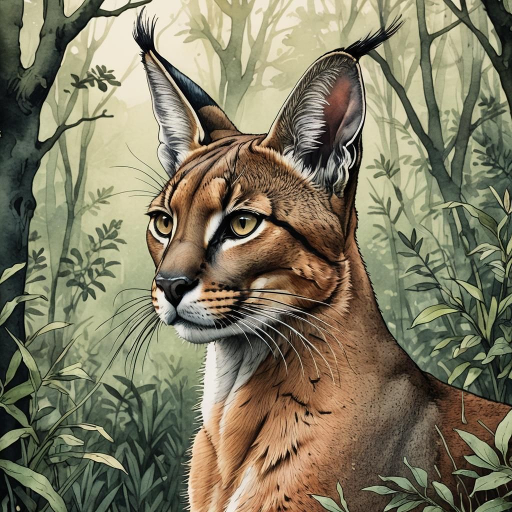 Caracal Portrait in Whimsical Ink Illustration