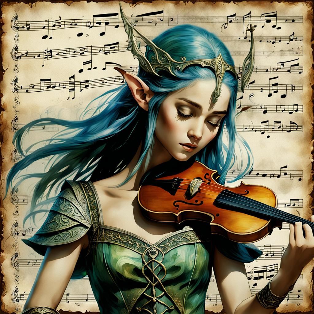 Elven Music Sheet with Hopping Elves in Detailed Matte Paint...