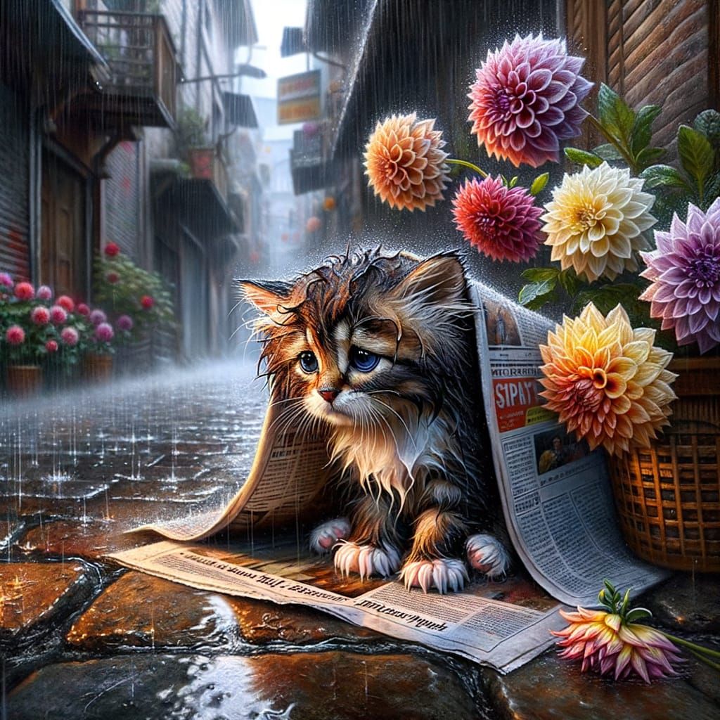 Sorrowful Kitten in Alleyway Hiding From Rain