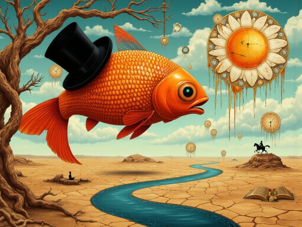 Surreal Desert Scene with Giant Fish and Melting Clocks