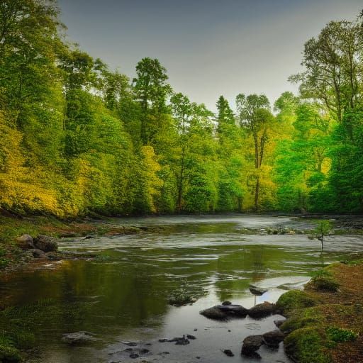 Serene River Flows Through Forest in Golden Light