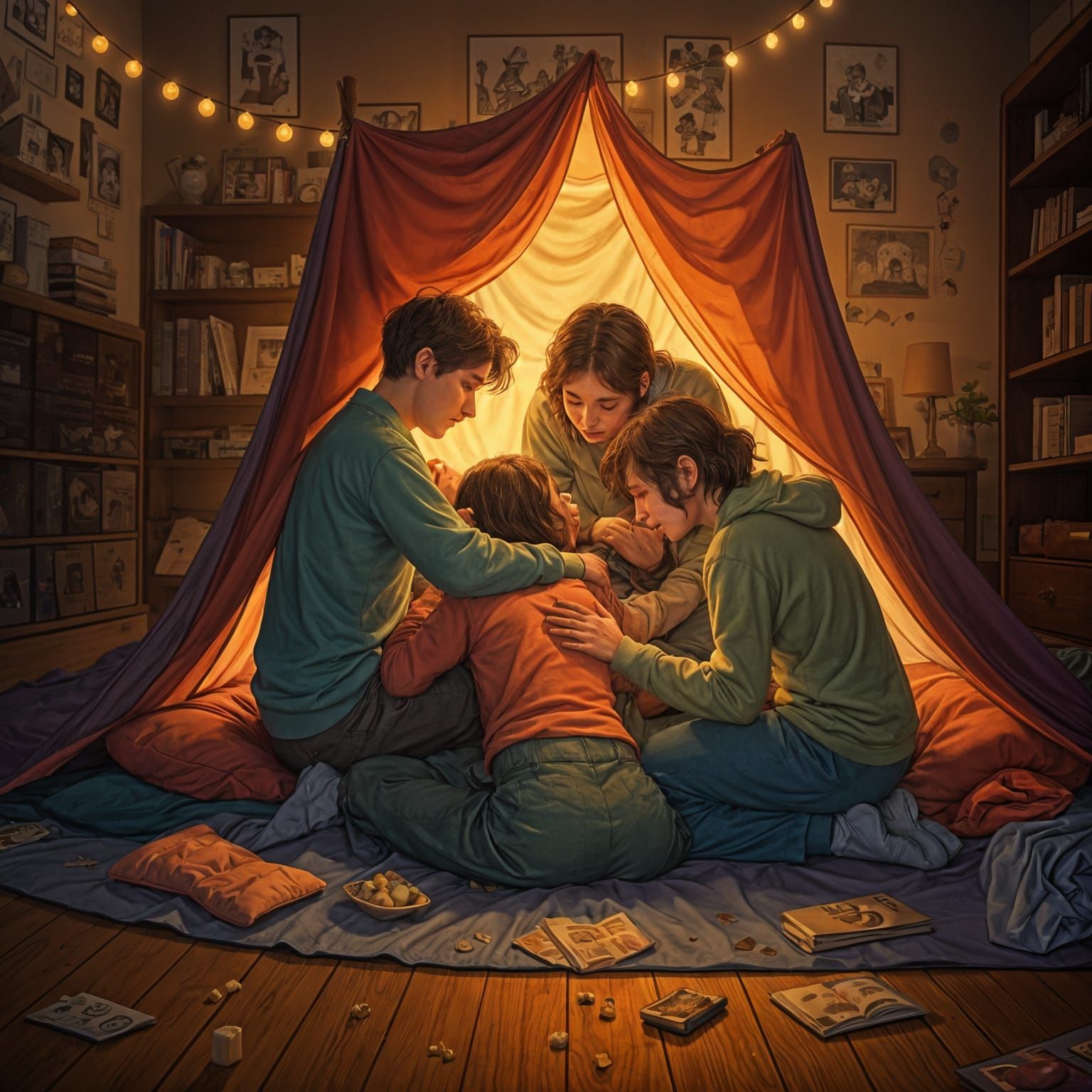 Friends in Collapsed Blanket Fort, One Crying