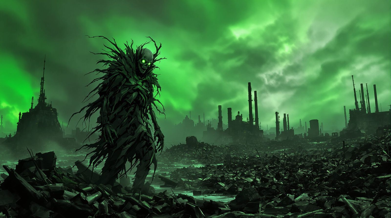 Skeletal Figure of Ecophobia in Polluted Wasteland