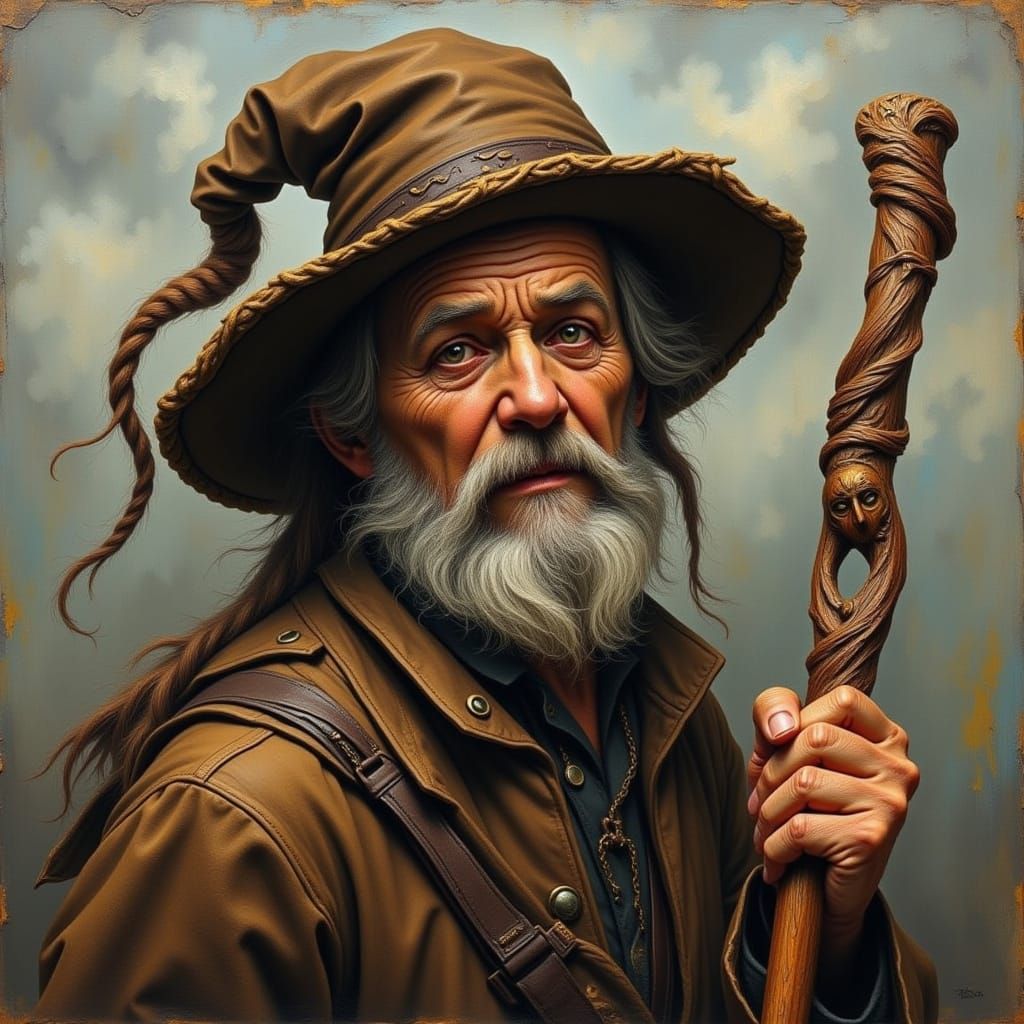 Old Man with Carved Walking Stick on Beach