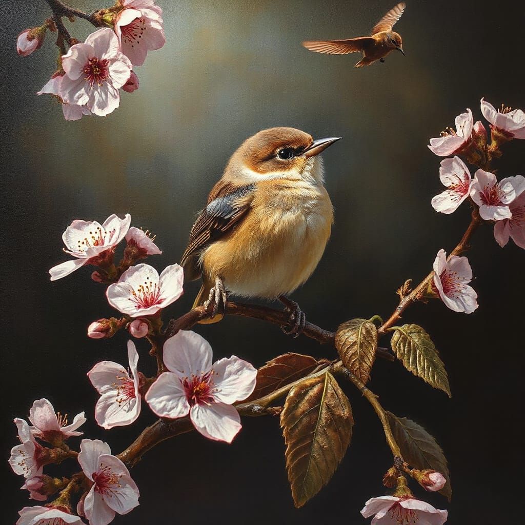 Cute Shrike Surrounded by Cherry Blossoms and Iron Man in a ...