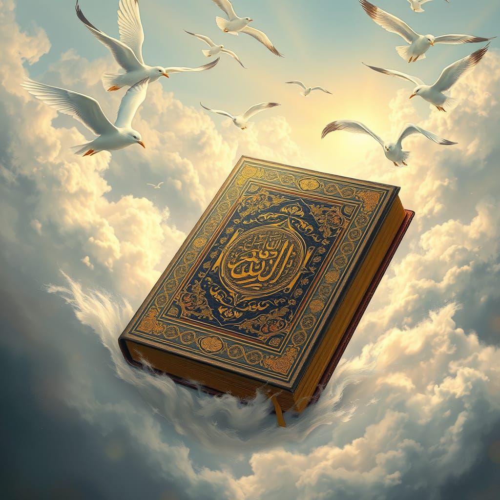 Golden Quran Sails Among Clouds in a Dreamlike Landscape