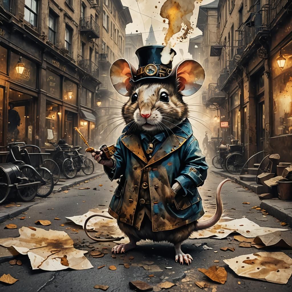 Steampunk Mouse Double Exposure Ink Painting