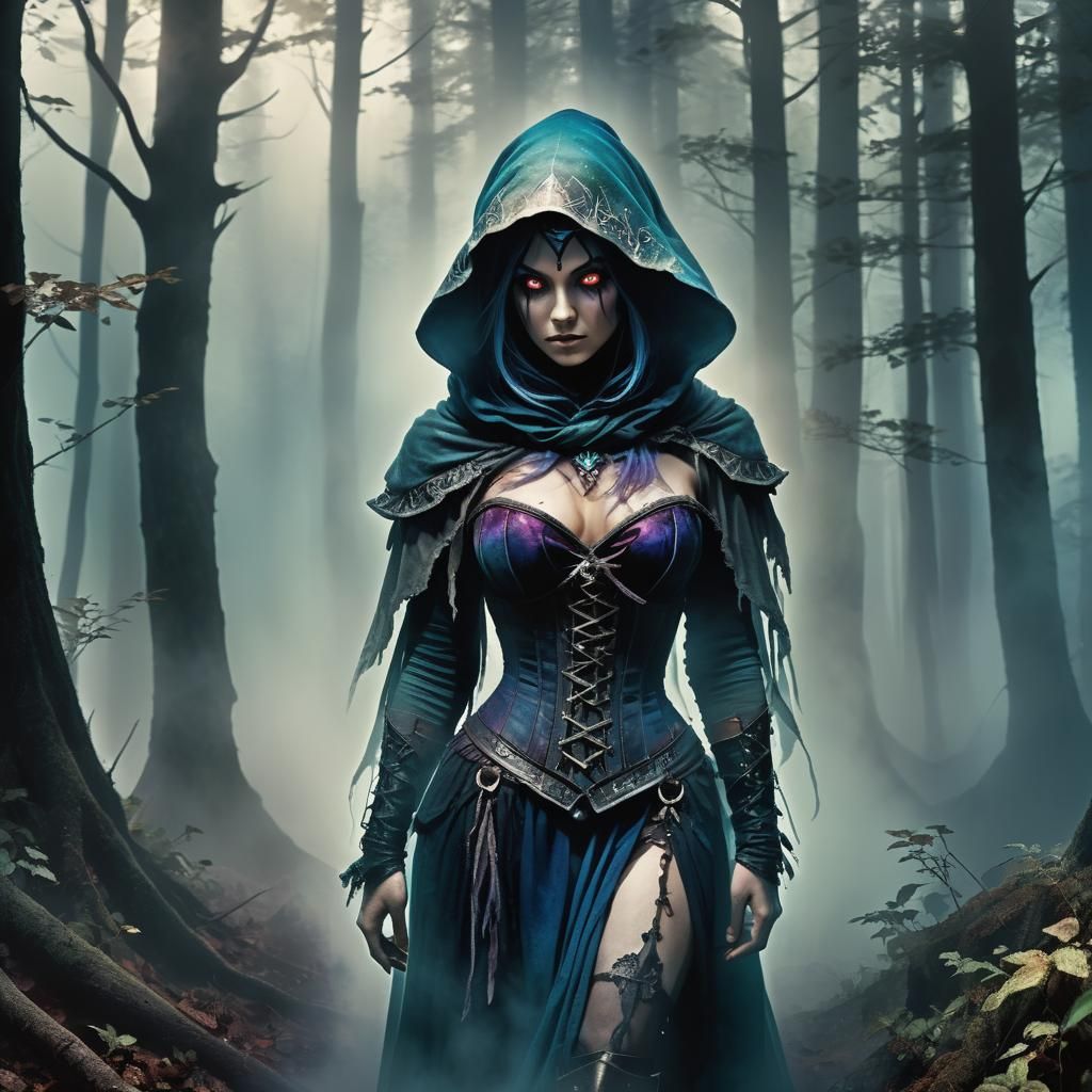 Eerie Dark Fantasy Sorceress in Misty Forest