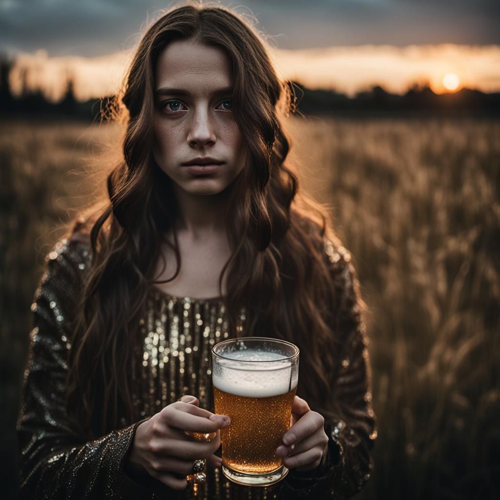 Woman with Pint at Sunset, Photo-Realistic Portrait