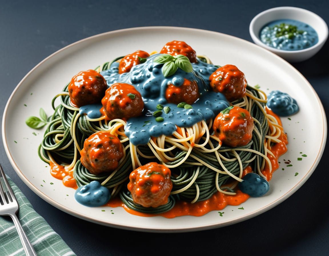 Steaming Green Spaghetti with Rich Blue Sauce