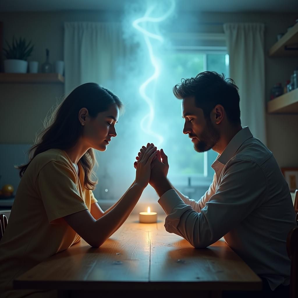 Couple Praying with Ethereal Light, Dreamy Art