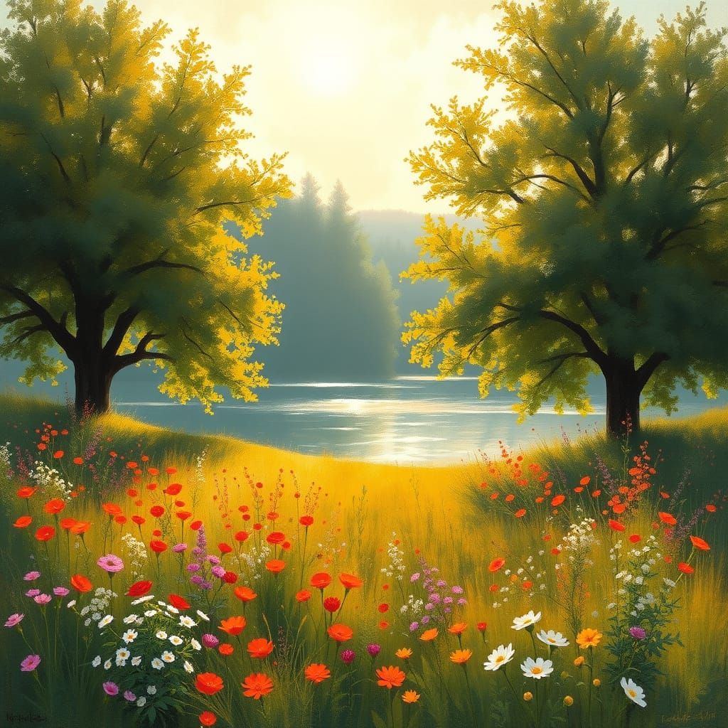 Dreamy Summer Landscape in Romantic Impressionist Style