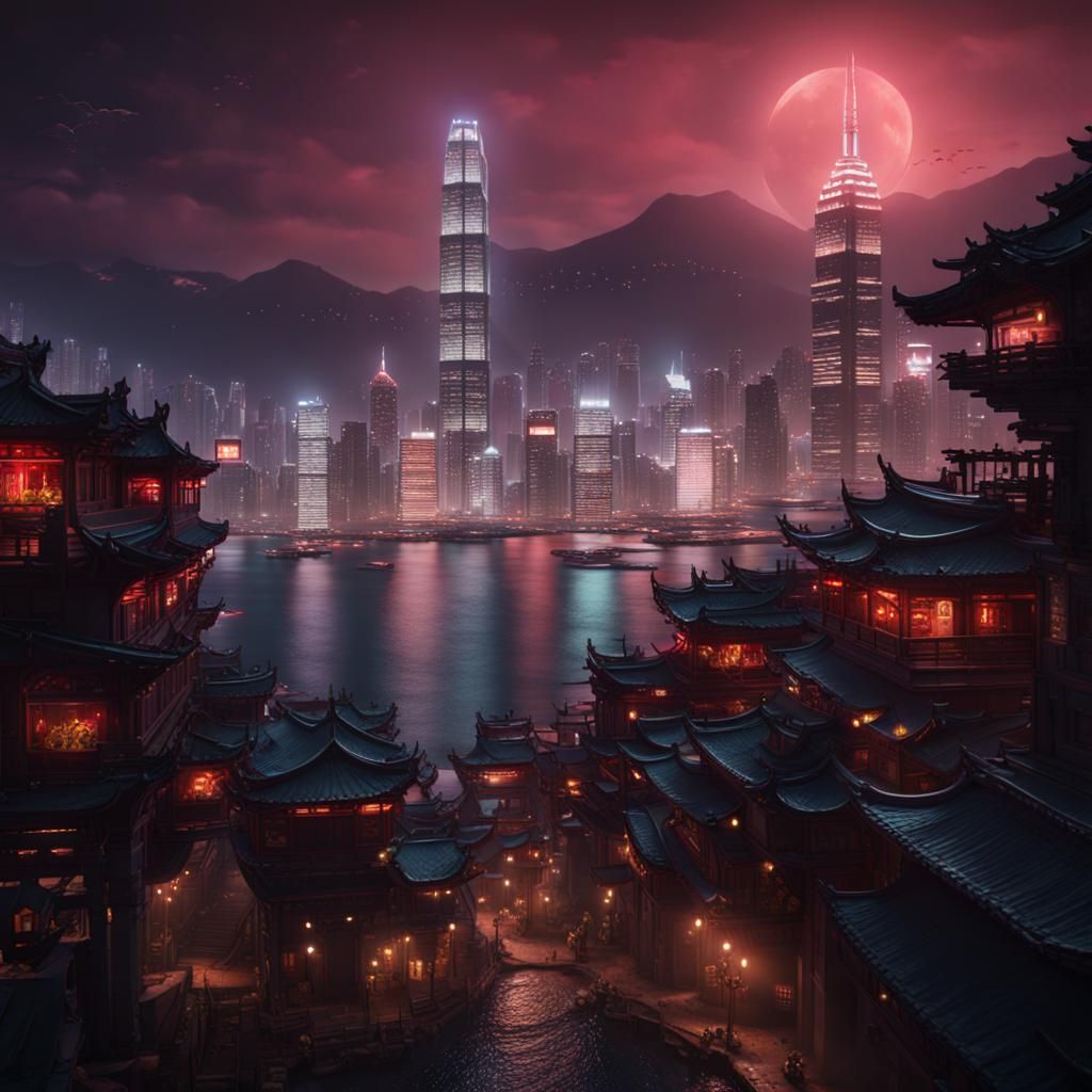 Nighttime Hong Kong: Detailed Matte Painting