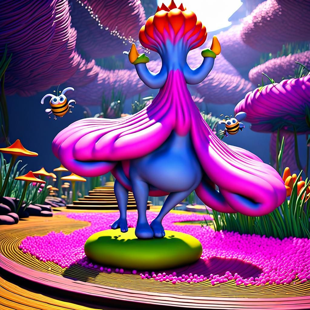 Magical Garden with Troll and Bee, 3D Digital Art
