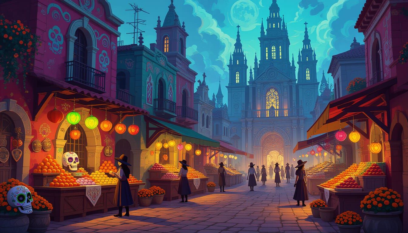 Day of the Dead Marketplace with Spectral Vendors