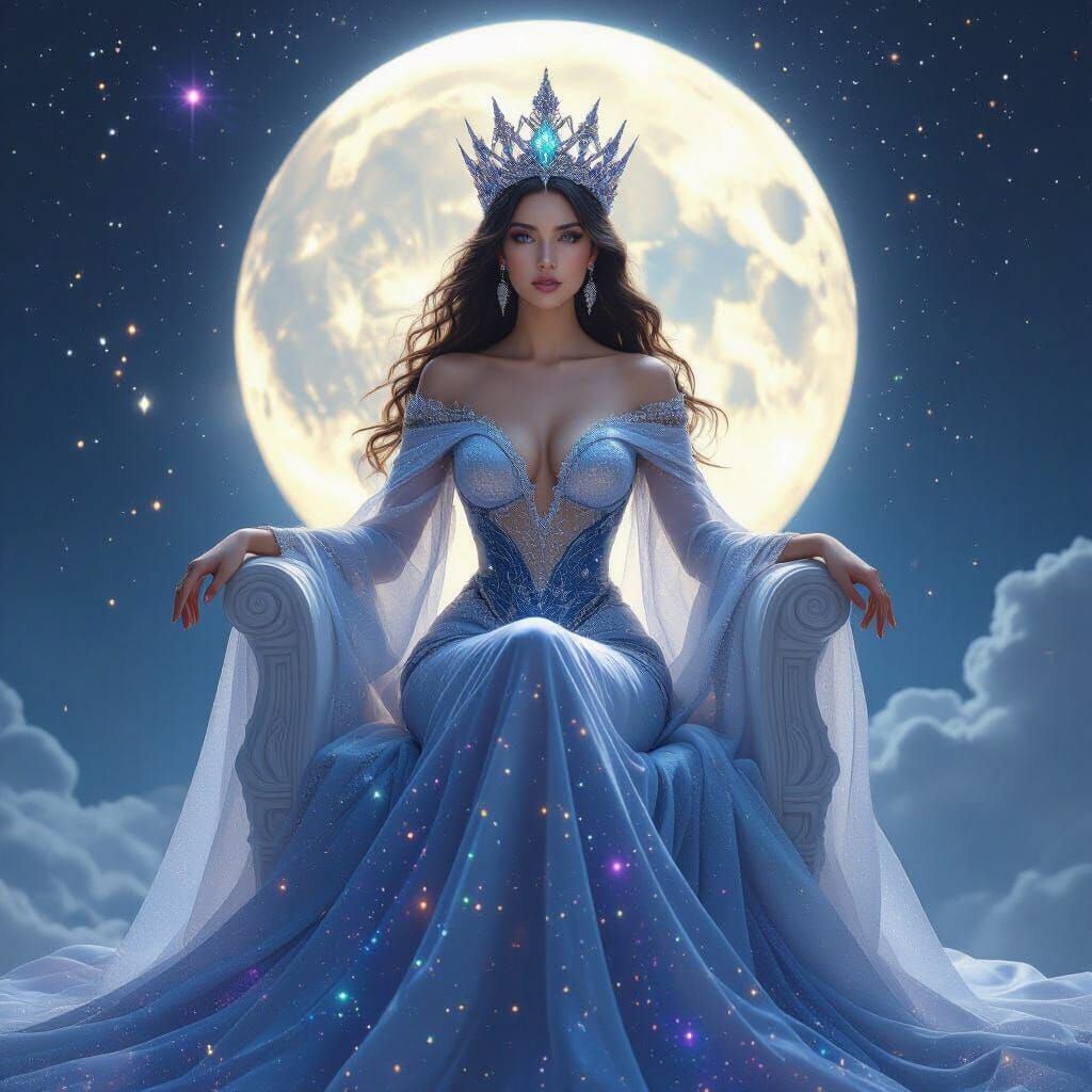 Celestial Empress on Moonlight Throne in Fantasy Style