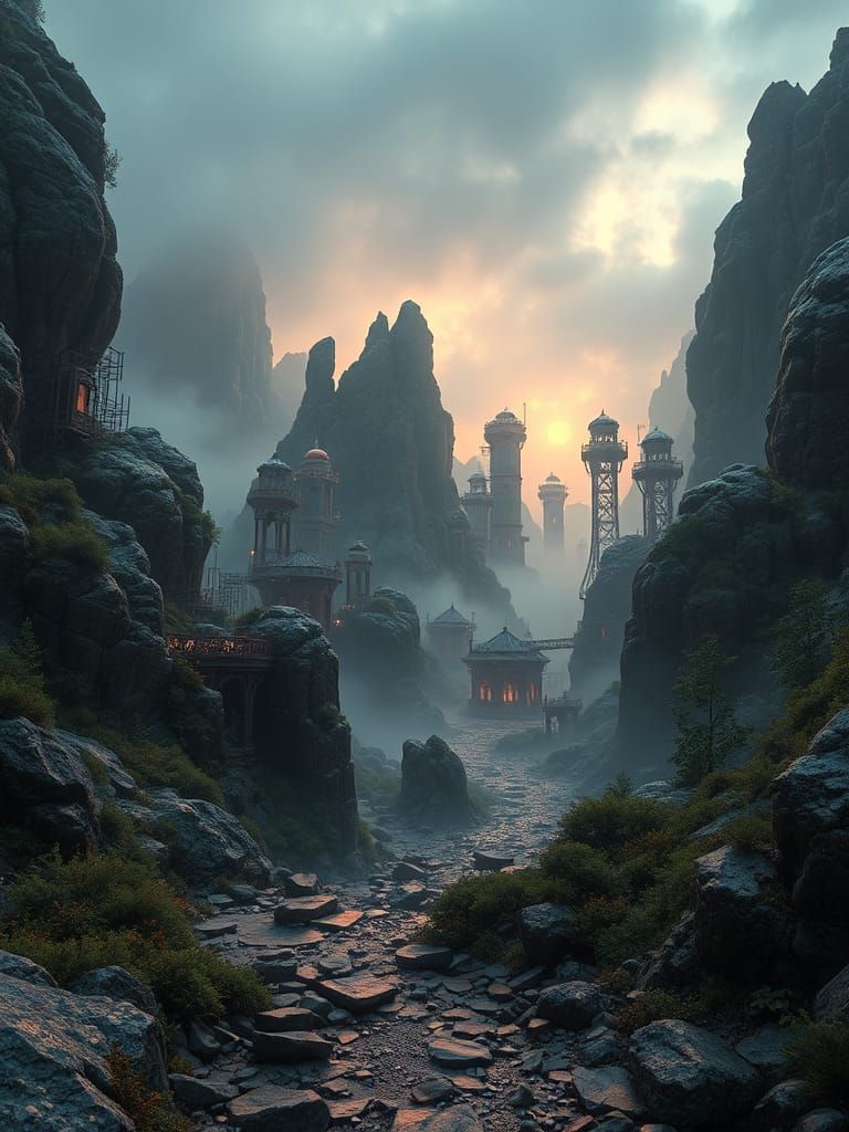 Futuristic Landscape with Intricate Mechanical Details