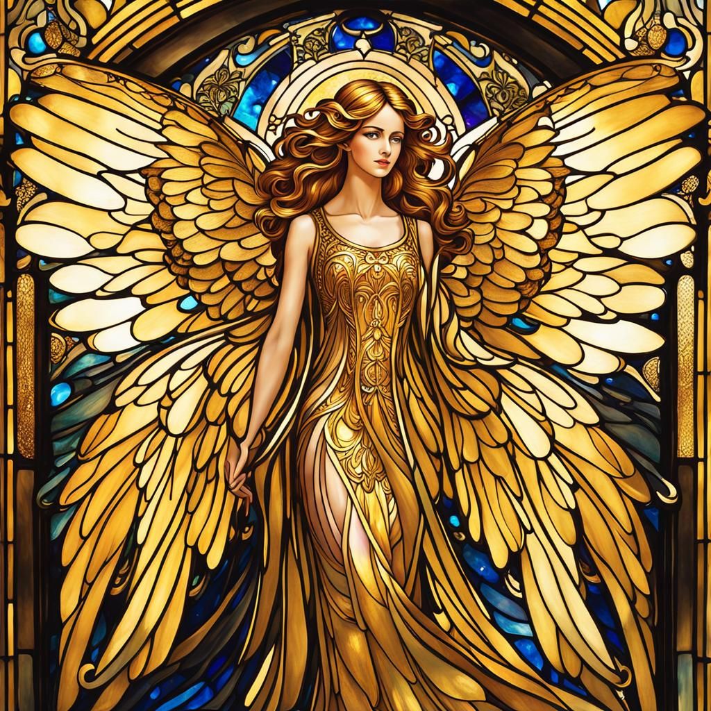 Golden Angel with Stained Glass Wings in Art Nouveau
