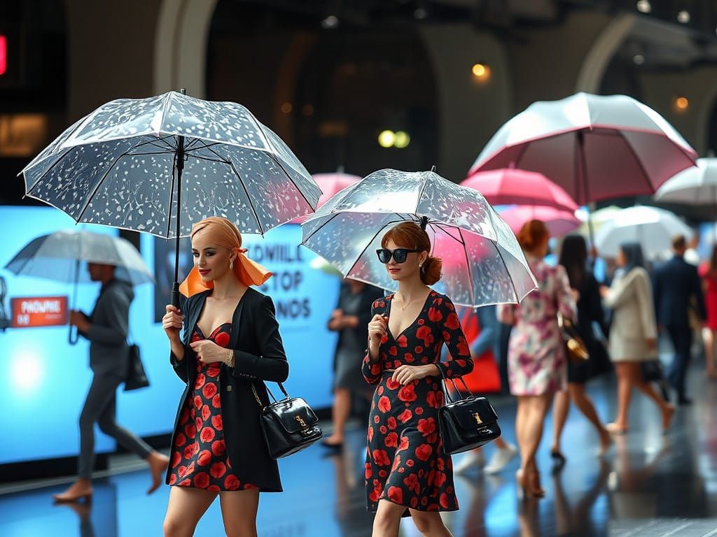 Umbrellas on a Runway Fashion Parade in Exquisite Designer W...