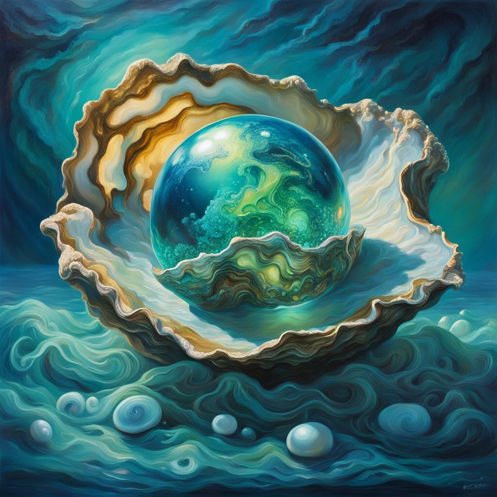 Bioluminescent Pearl Inside Giant Oyster, Surreal Oil Painti...