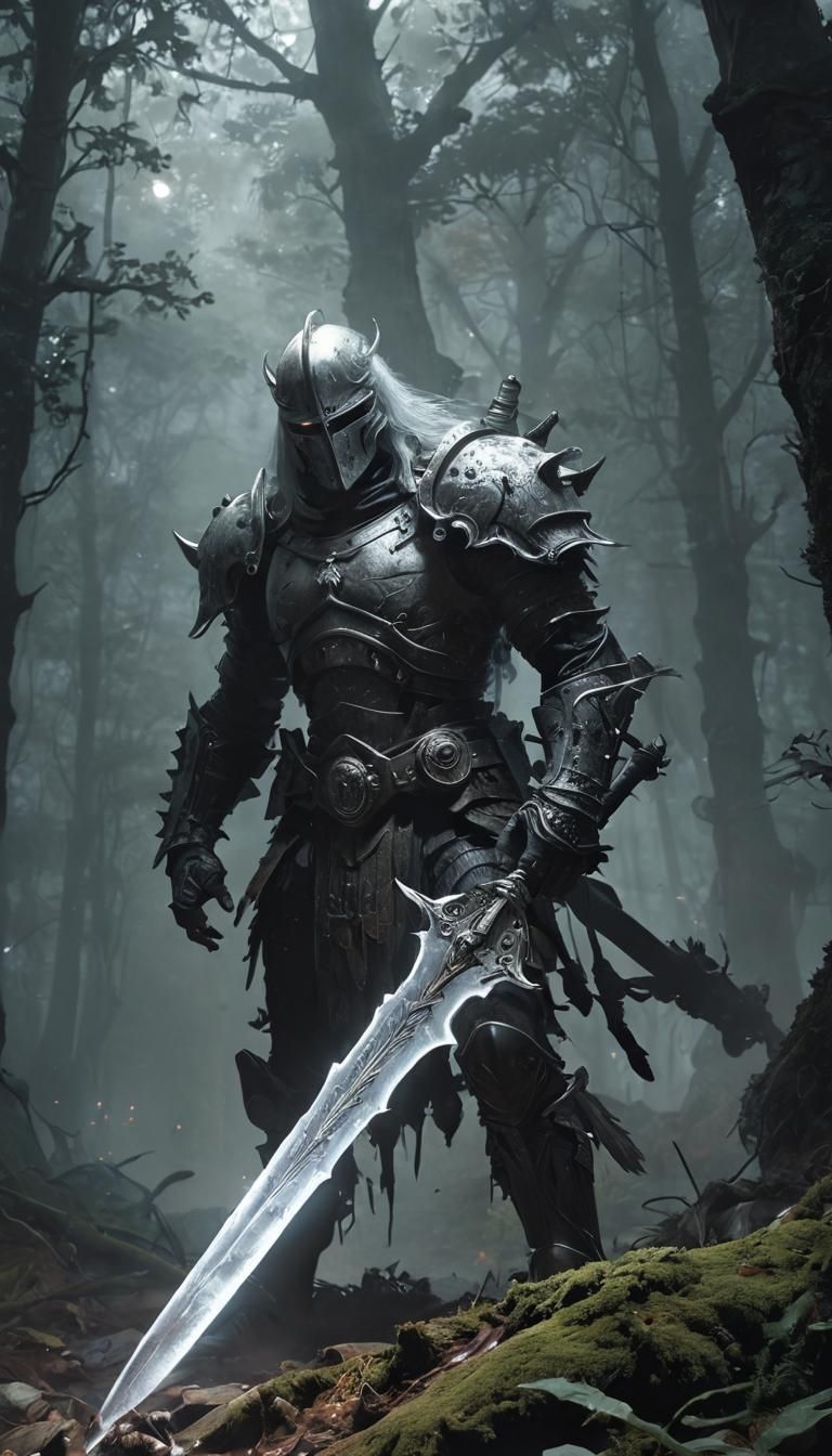 Vengeful Warrior Spirit in Eerie Forest, Frazetta-Style