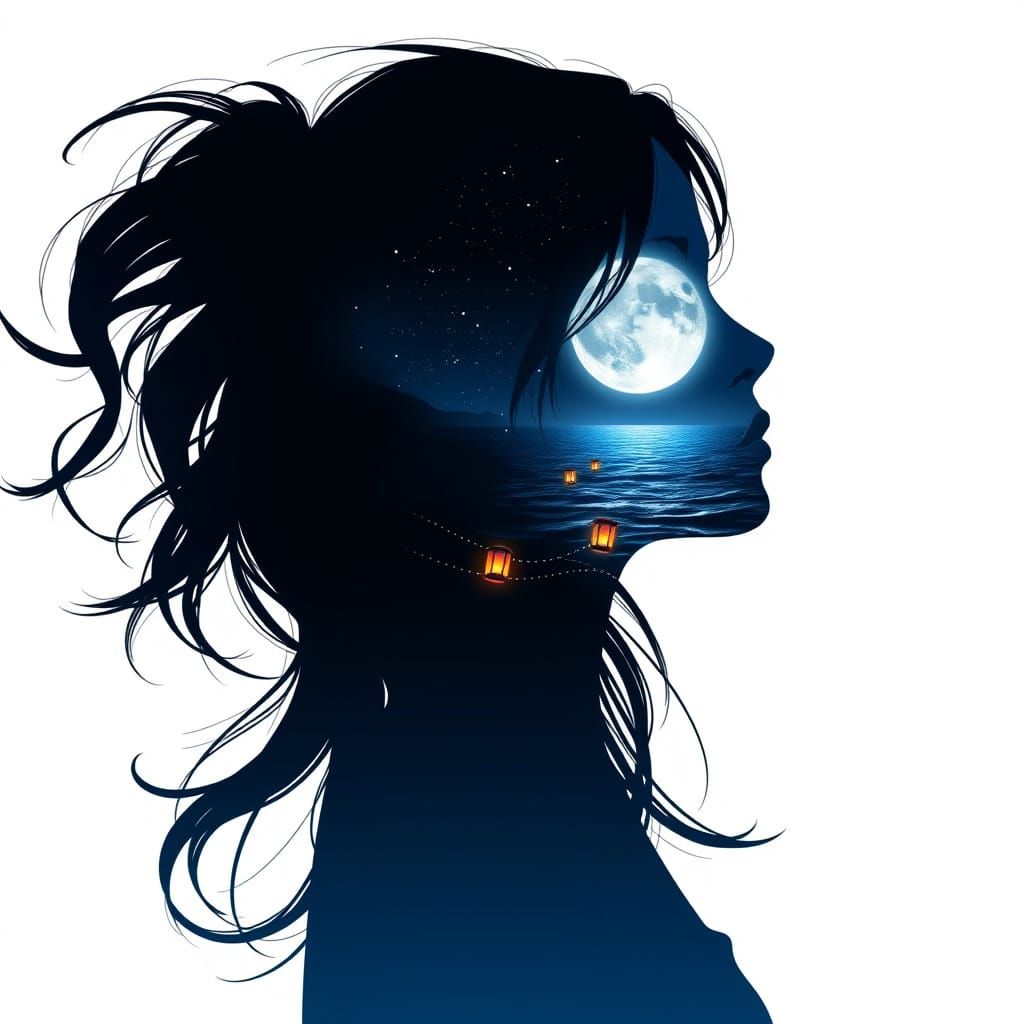 Minimalist Double Exposure: Magical Night Anime Scene