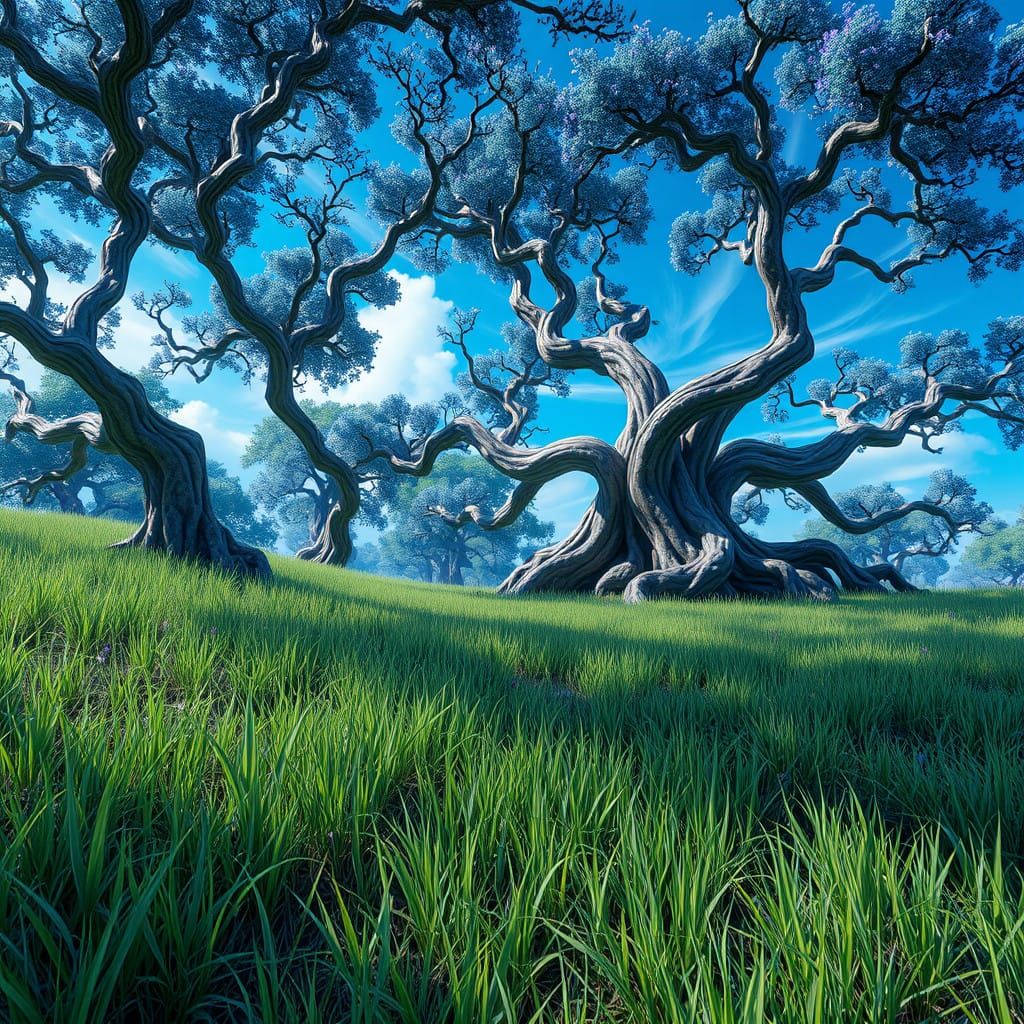 Ancient Trees Majestically Surround a Lush Emerald Meadow