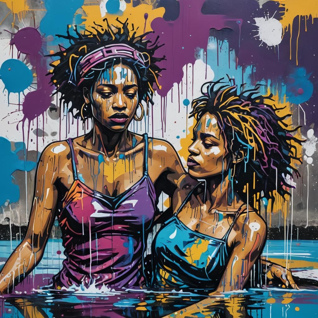Sappho and Ariadne: Vibrant Street Art Bathing Scene