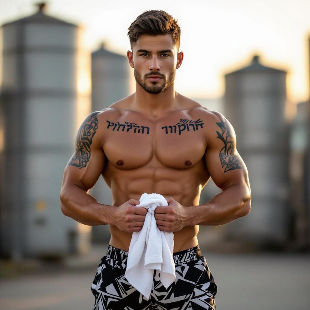 Muscular Man After Workout with Tattoos in Golden Hour Light