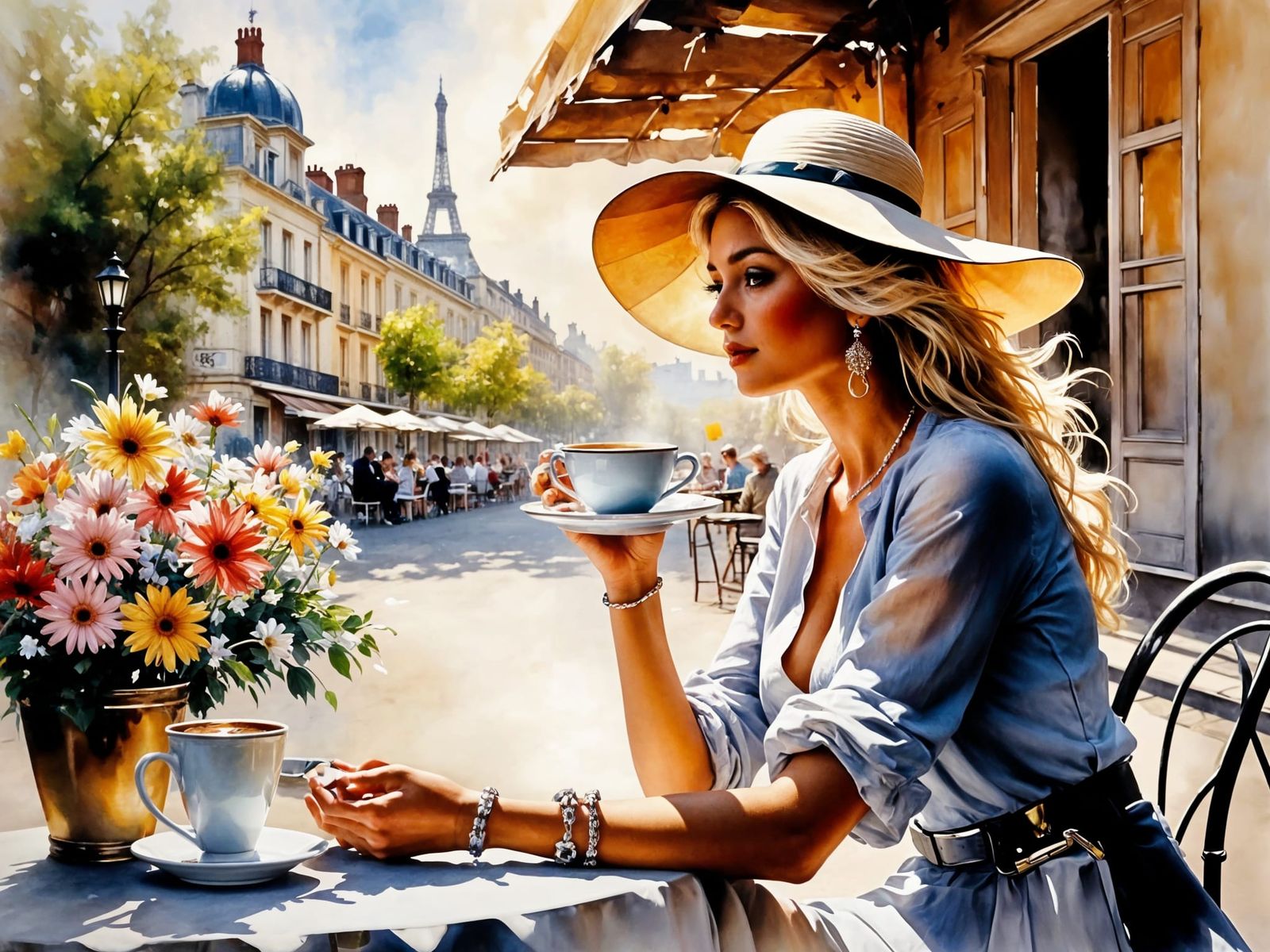 Impressionist Paris Cafe Scene with Woman Drinking Coffee