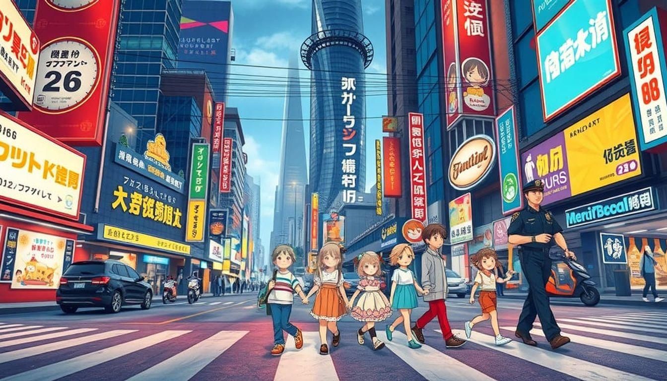 Policeman Helping Children Cross Street: 3D Anime Art