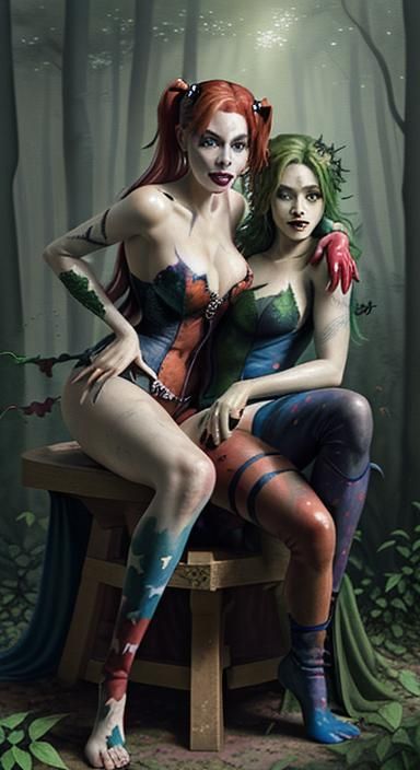 Harley Quinn and Poison Ivy: Ethereal Gouache Fantasy