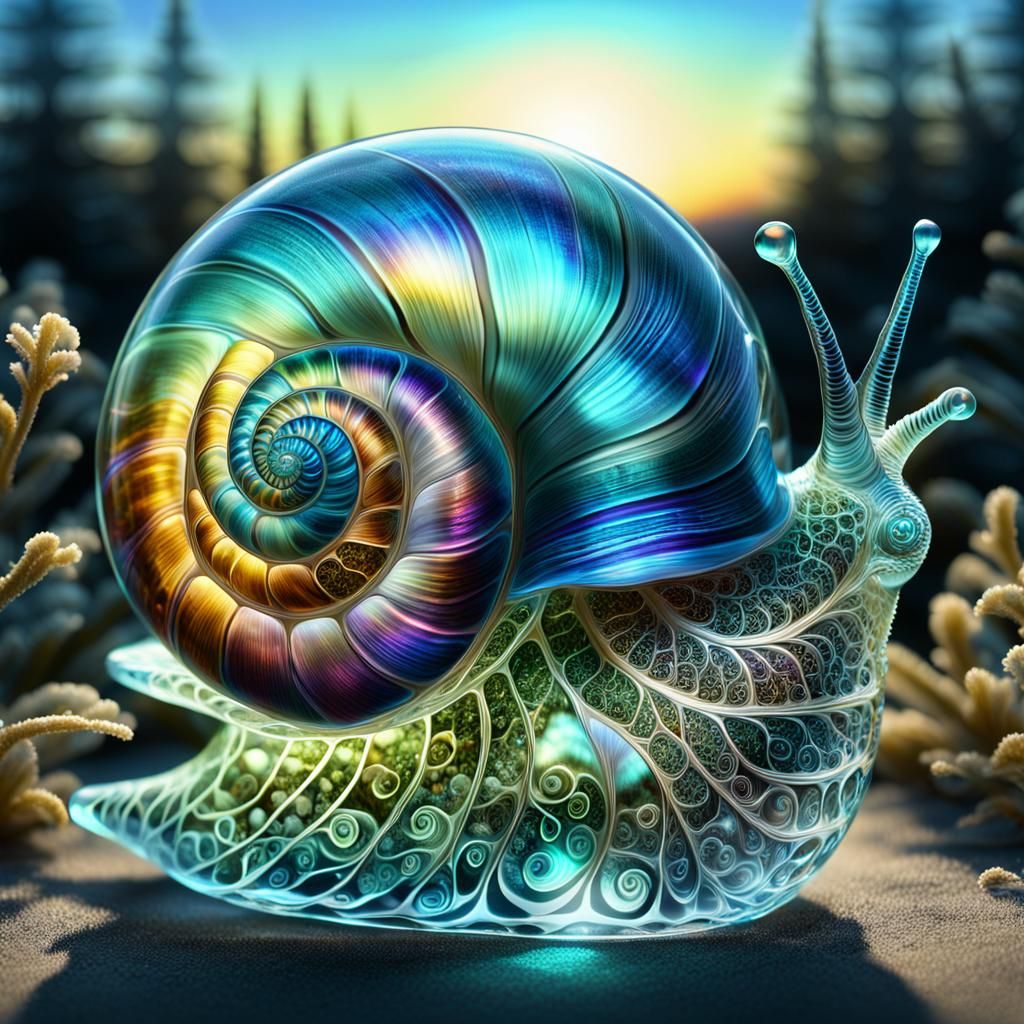 Bioluminescent Fractal Plants in Glass Snail Shell