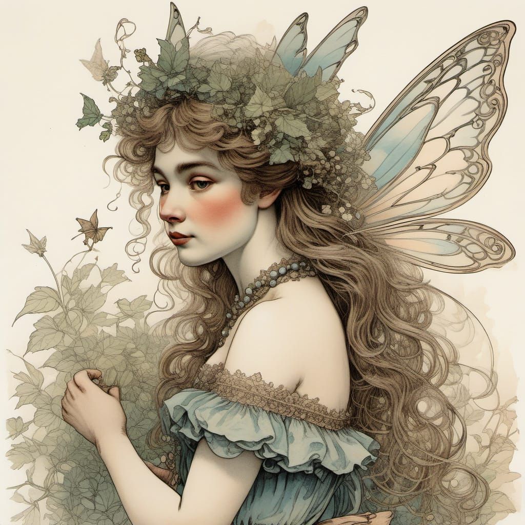 Victorian Fairy Portrait in Dreamlike Arthur Rackham Style
