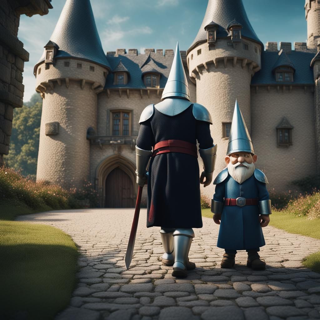 Gnome Butler Guides Armored Knight: Cinematic Castle Scene