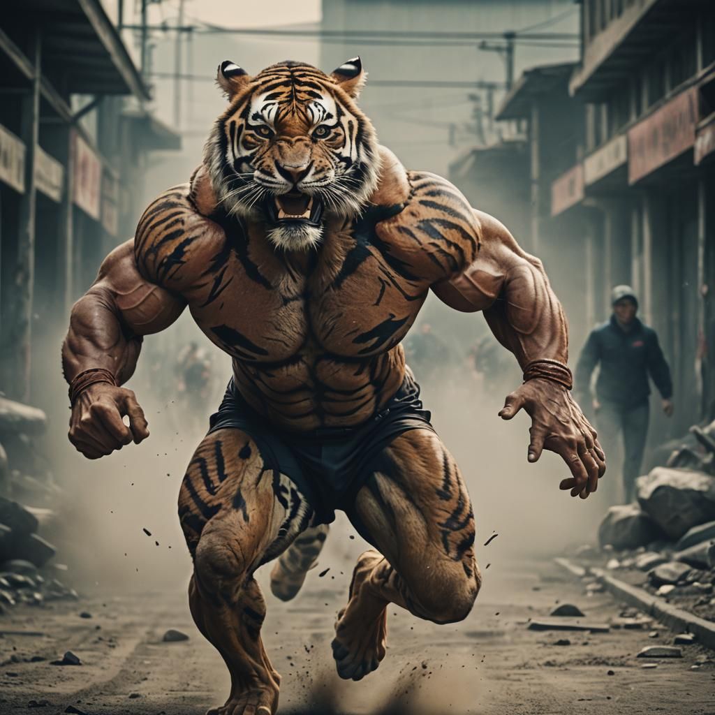 Muscled Tiger Bodybuilder Sprints in Cinematic Style