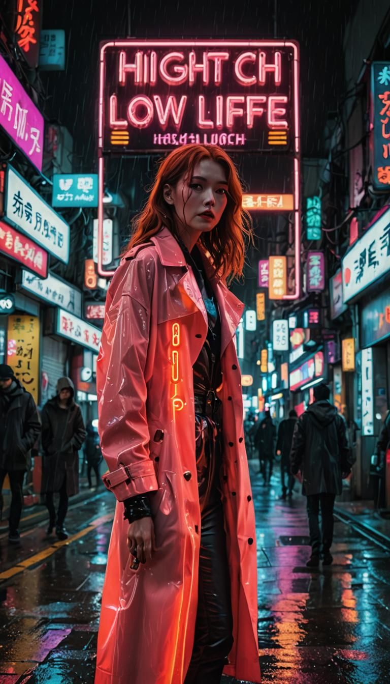 Redhead in Cyberpunk Cityscape at Night