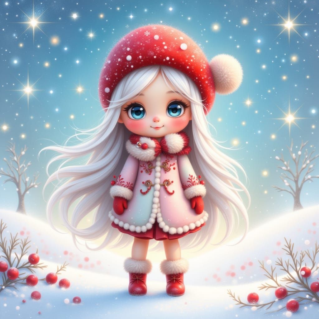 Whimsical Winter Girl with Starry Eyes in Digital Art