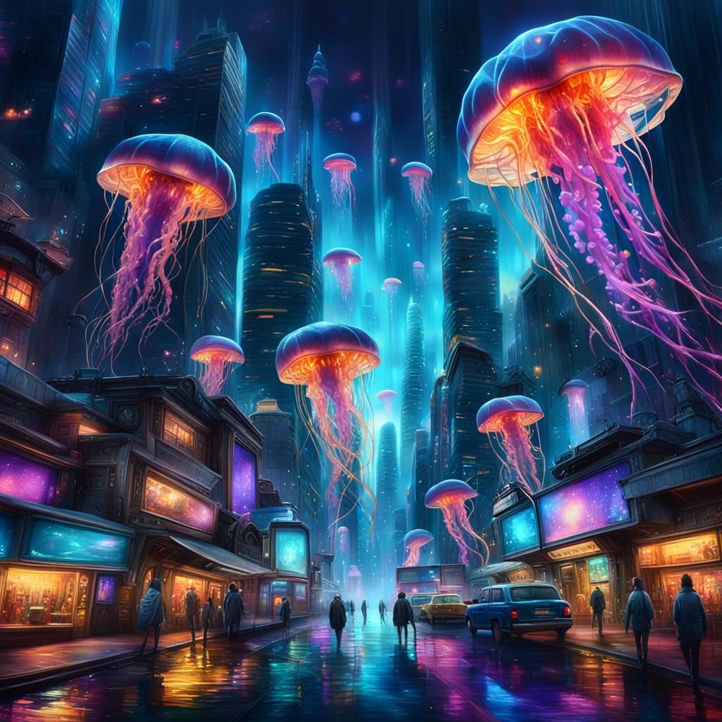 Underwater City with Neon Lights: Digital Matte Painting