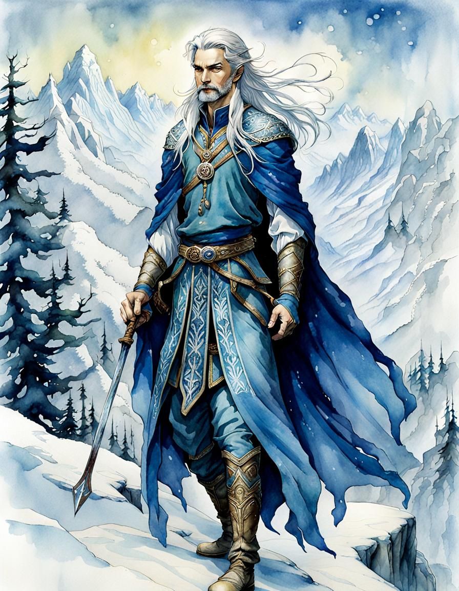 Icy Elven Prince in Winter Mountains, Watercolor Art