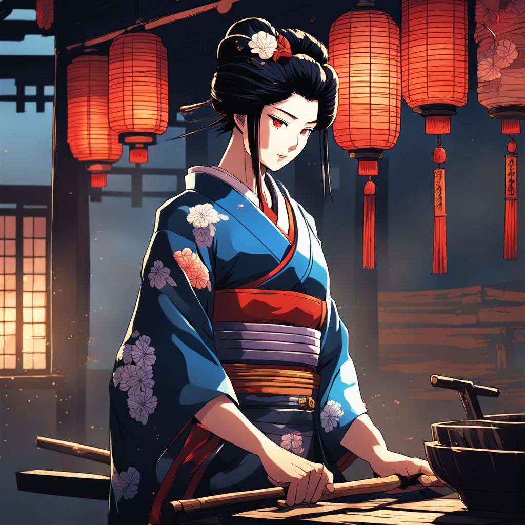 Geisha Blacksmith in Anime Manga Style