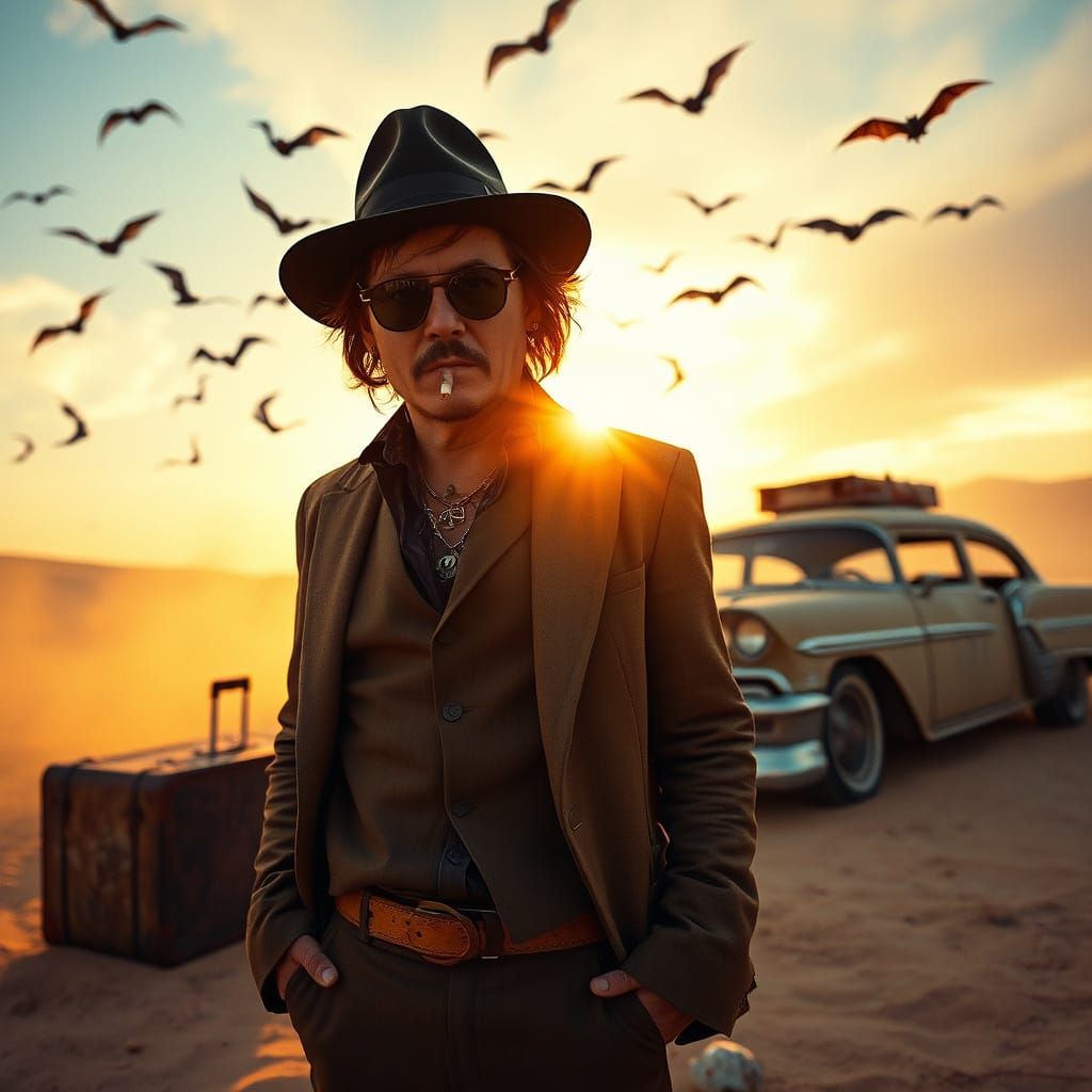 Johnny Depp as Hunter S. Thompson in Desert Landscape with B...