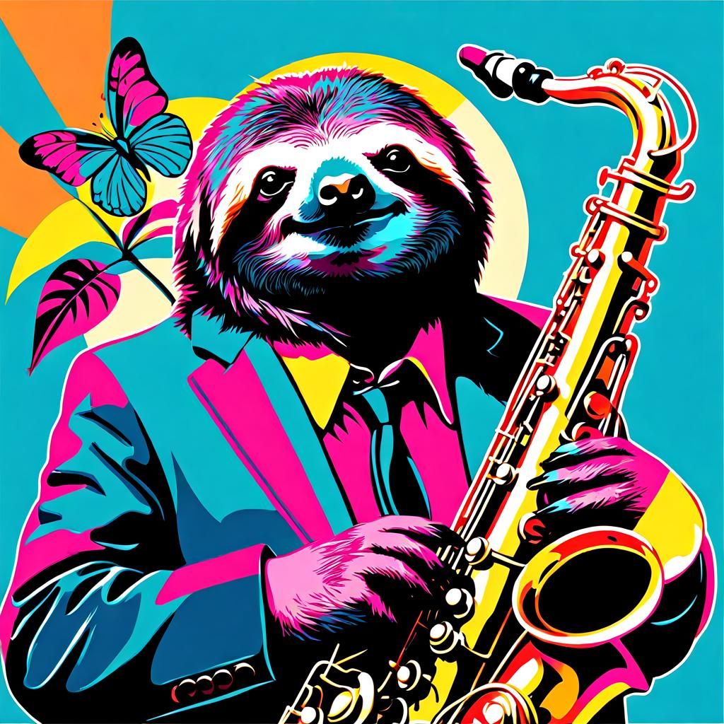 Sloth Saxophonist in Warhol Pop Art Style