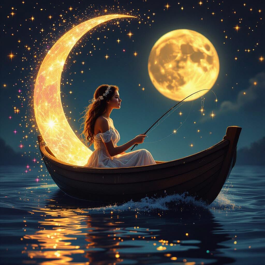 Woman Fishing for Stars in Moonlit Boat