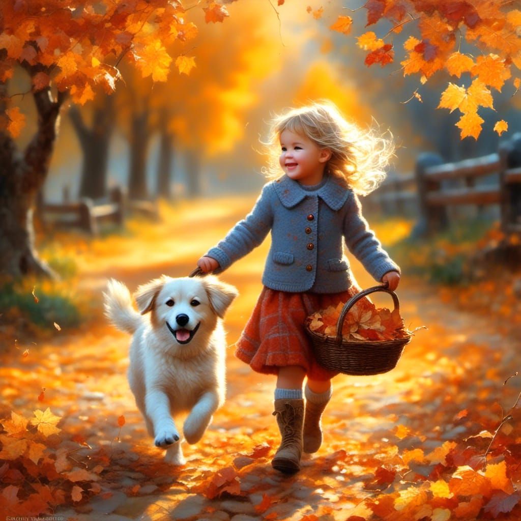Toddler and Dog Frolic in Autumn Leaves