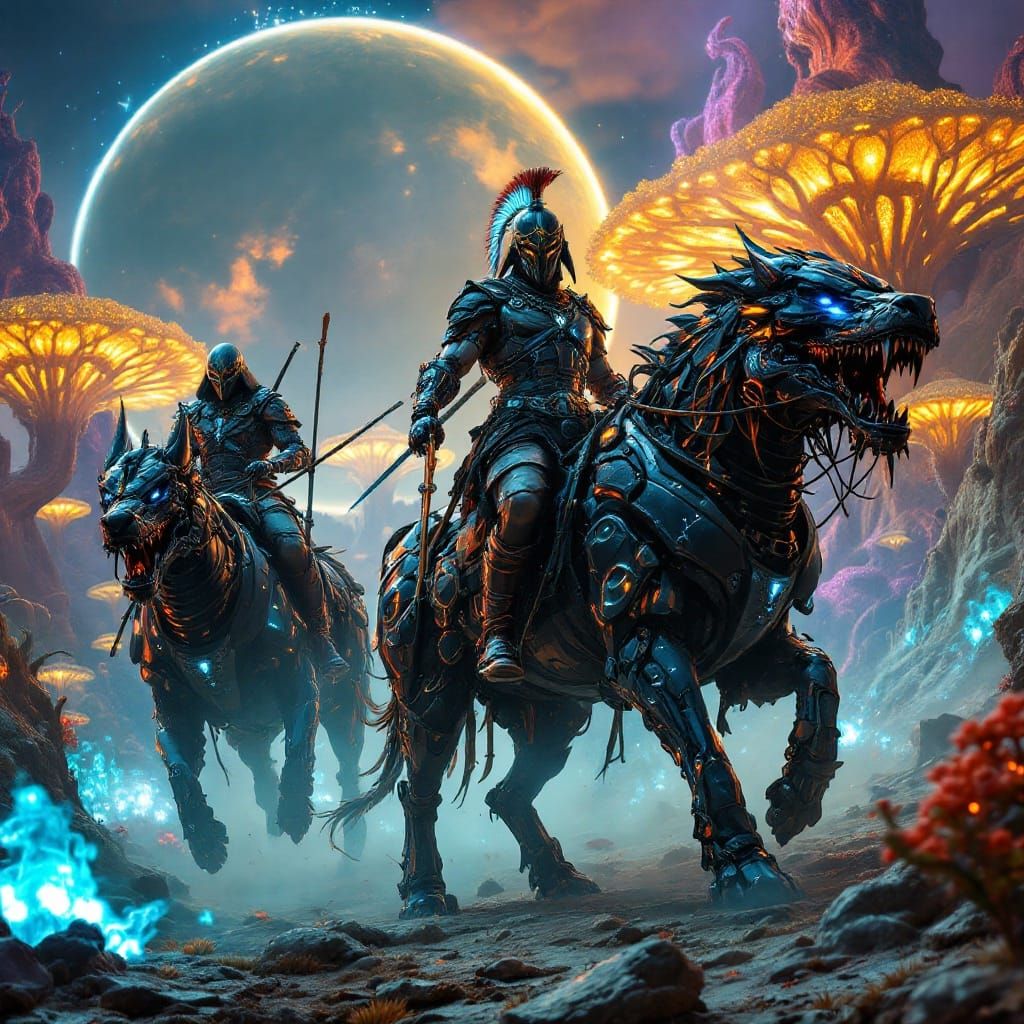 Ancient-Futuristic Warriors Ride Glowing Hounds Through a Dy...