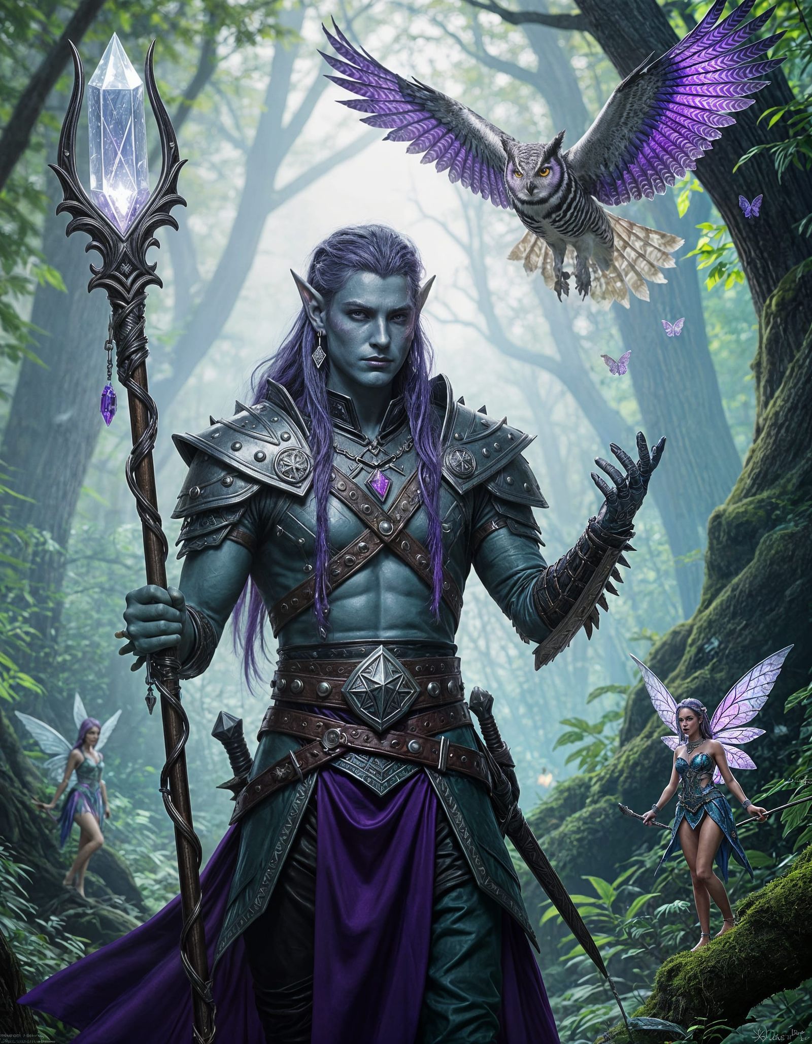 Astral Elf Sorcerer with Owl Familiar in Enchanted Forest