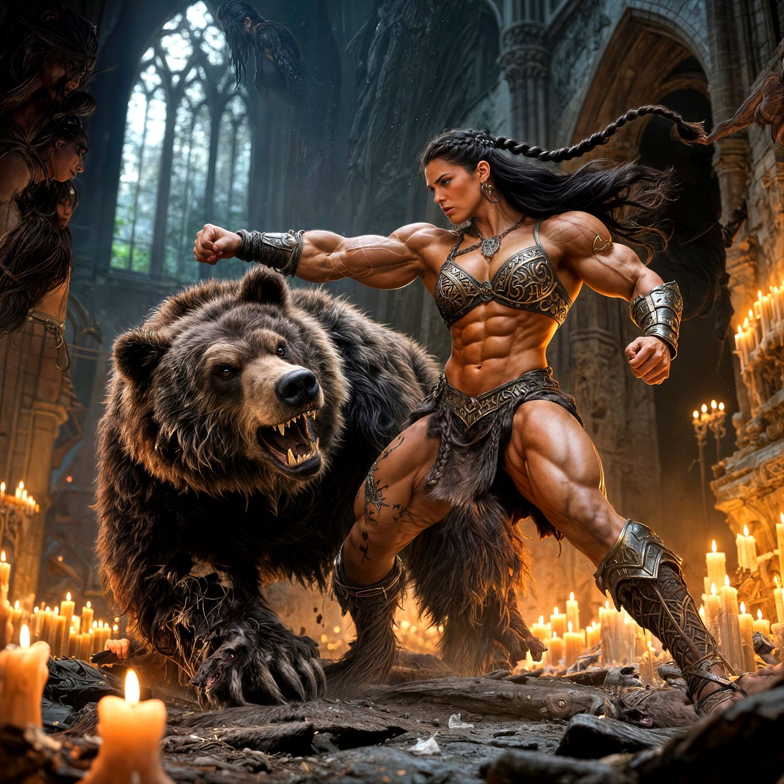 Amazonian Warrior Punches Werewolf-Bear in Cathedral Ruins