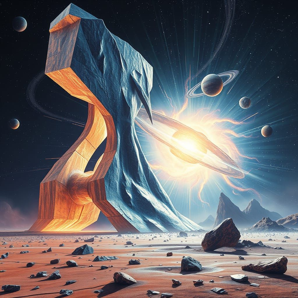 Cosmic Dust Sculpture Over Alien Landscape